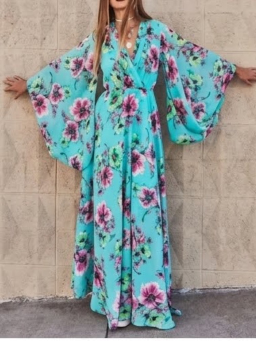 Meghan LA Sunset Maxi Dress Turquoise Peony Drapey Kimono Bell Sleeve NWT-14